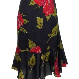 Trina Turk Size 2Black Floral Ruffled Hem Midi Skirt - Red & Olive